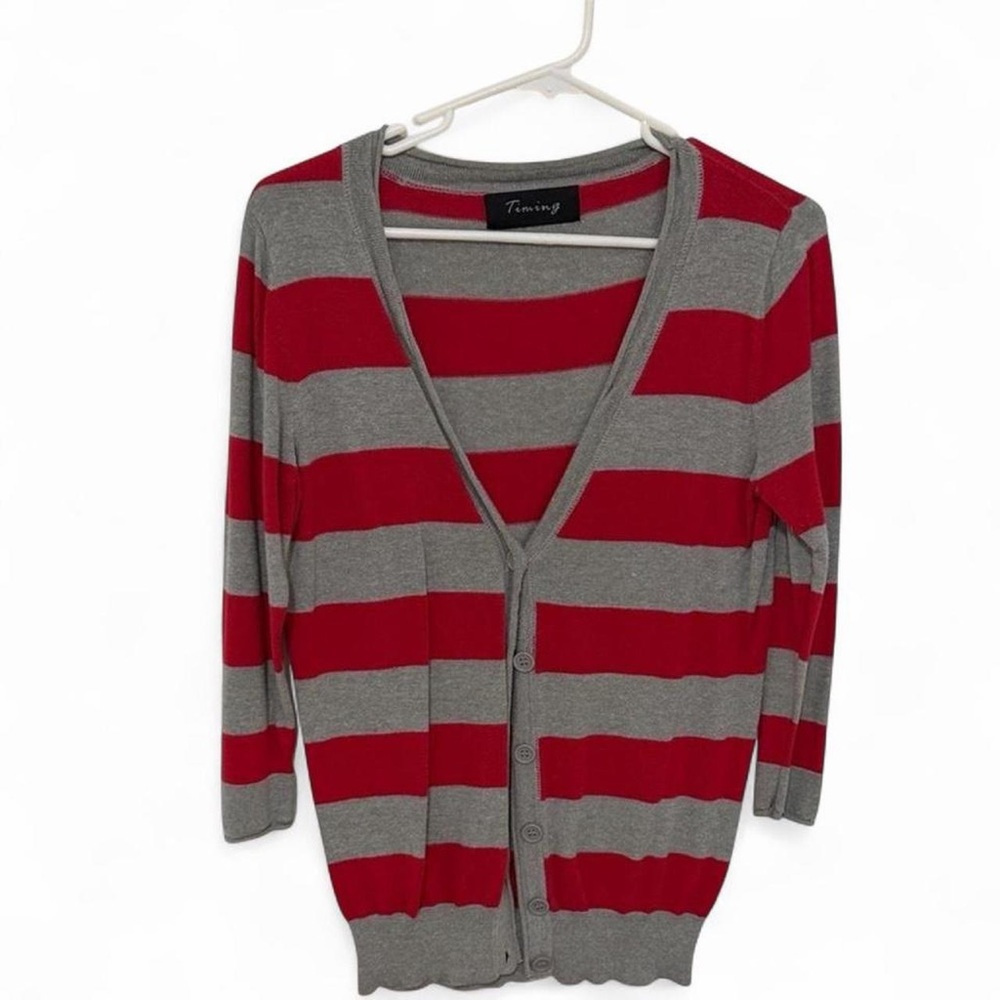 Timing Red & Gray Striped Button-Front Cardigan